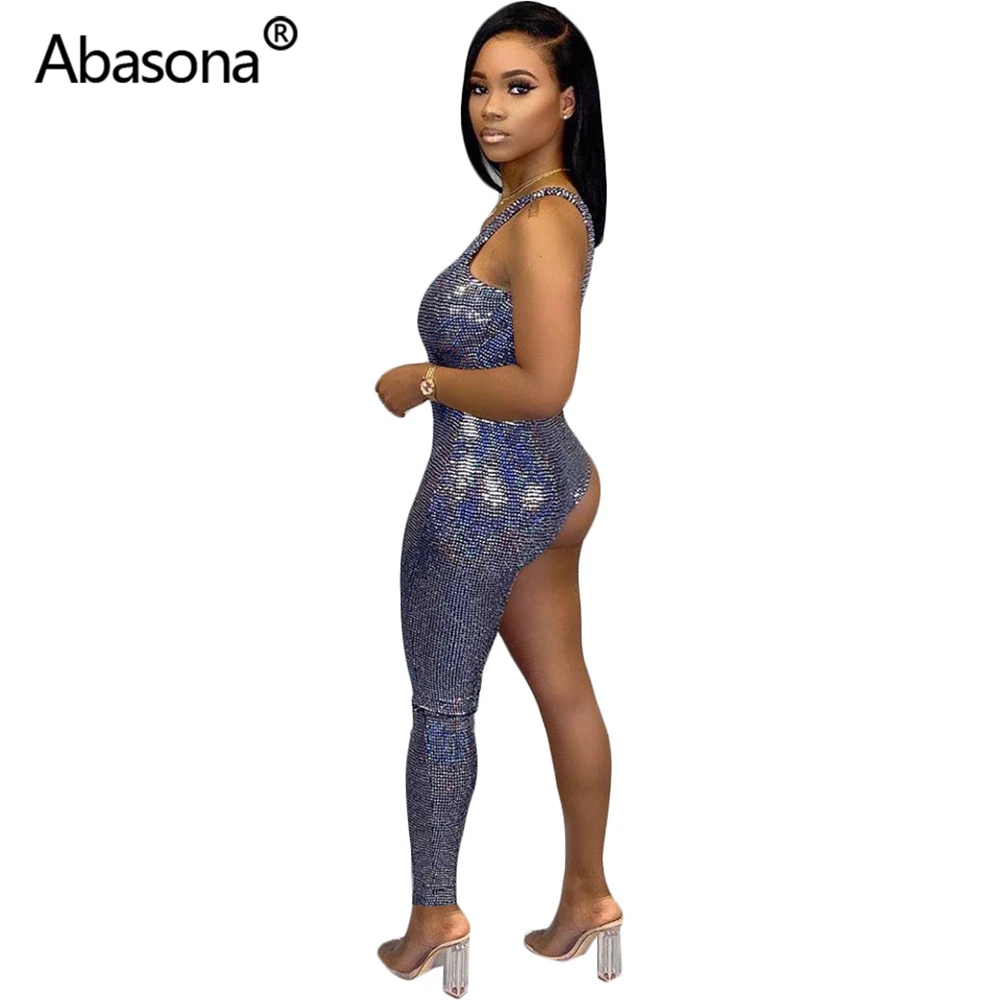Abasona, женские летние комбинезоны,, на одно плечо, без рукавов, сексуальные, облегающие, с блестками, комбинезоны, женские, s Junmsuit, комбинезоны, вечерние, одежда для ночного клуба