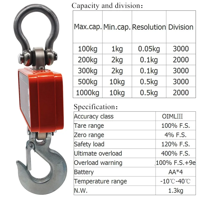 Description Picture 3 of item500kg/1000KG Crane Scale Digital Scales LCD High Accurate Weighing Industrial Heavy Duty Hook Hanging Scales Balance