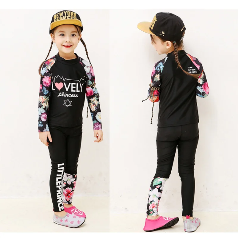 girl rashguard kids swimwear big child sun protection uv shirt+ pants swim surf suit children 85-165CM - Color: 17006 black