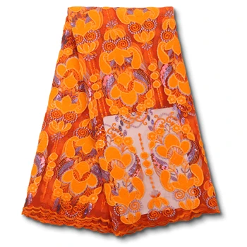 

Orange Velvet Lace Fabric French African Tulle Mesh Velvet Lace Embroidery Nigerian Lace Fabrics for Wedding Party QF3668B