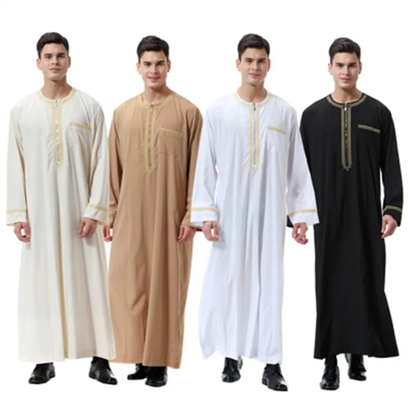 

Muslim Arab Men's Round Neck Robe Middle East Men's Printed Zipper Round Neck Robe