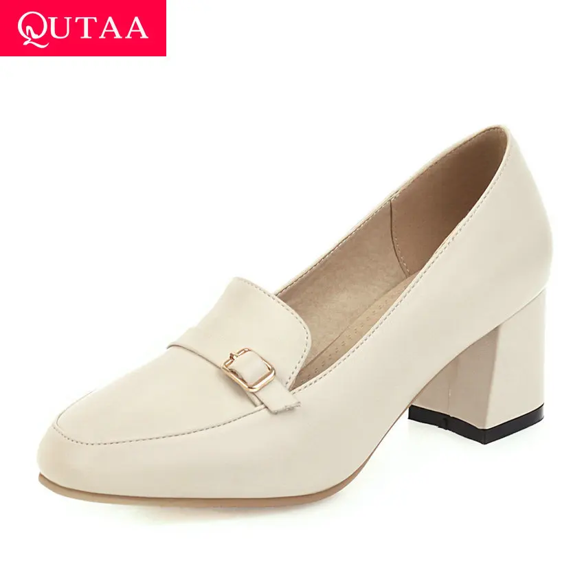 

QUTAA 2020 Round Toe Slip on Women Shoes PU Leather Buckle Ladies Pumps Fashion Square Heel Shallow Single Shoes Big Size 34-43