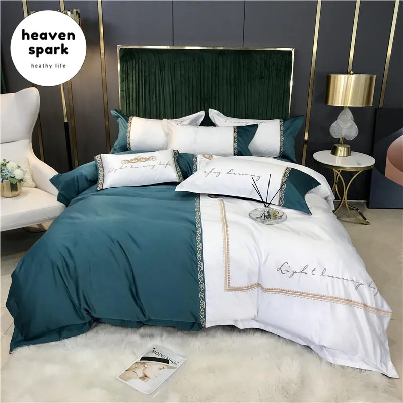 

Chic Embroidery Luxury Bedding Set King Size Duvet Cover Bed Sheet 600TC Egyptian Cotton Soft Silk Blue and White Doona Covers
