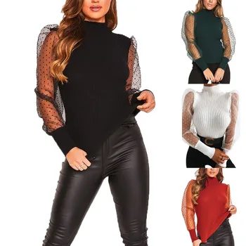 

New Ladies Knit Top Patchwork Polka Dot Lace Gauze See-through Puff Sleeve Sweater Women Knitted Base Shirt