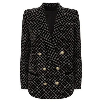 

New popular women s coat classic lion button shiny gold powder Plaid velvet suit