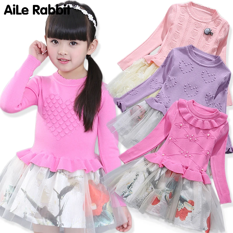 

2019 Winter Knitted Chiffon Girl Dress Christmas Party Long Sleeve Children Clothes Kids Dresses For Girls New Year Clothing
