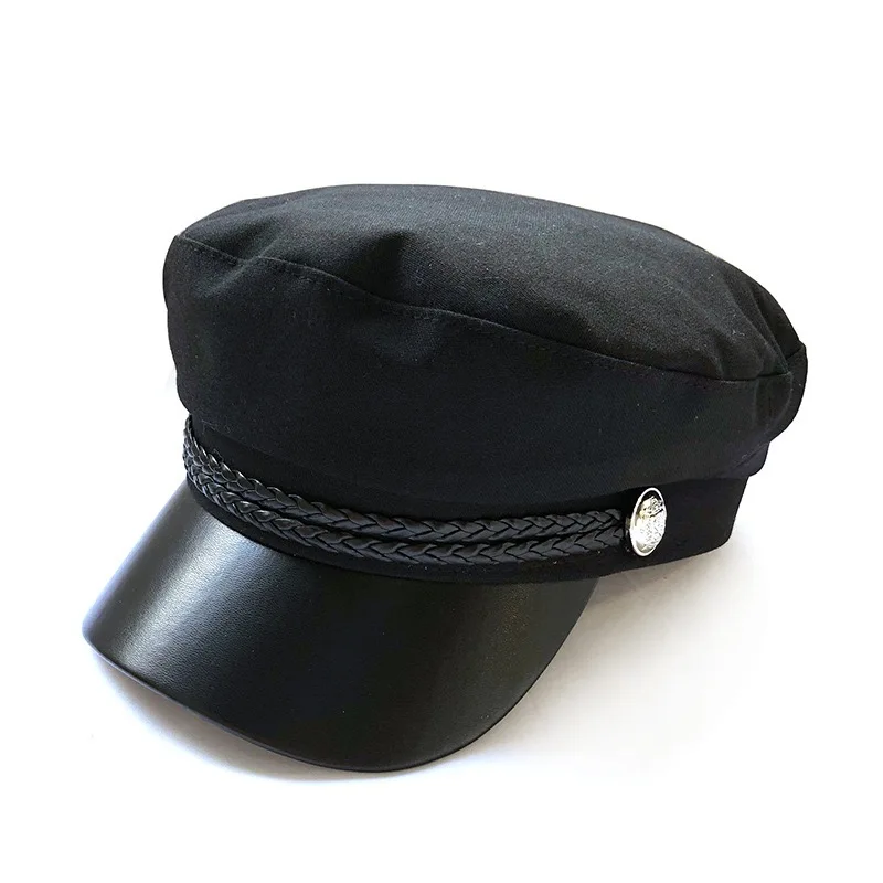 Canvas black Модная шапка унисекс из искусственной кожи в стиле милитари, Осенние шляпы матроса для женщин, шерстяная черная Серая шерстяная женская шапка для путешествий - Цвет: Canvas black