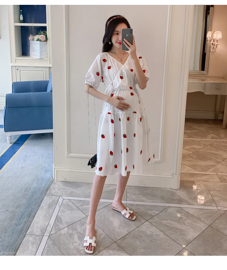 9020# милое хлопковое льняное платье для беременных с принтом клубники, белая тонкая одежда с высокой талией для беременных женщин, свободная одежда для беременных