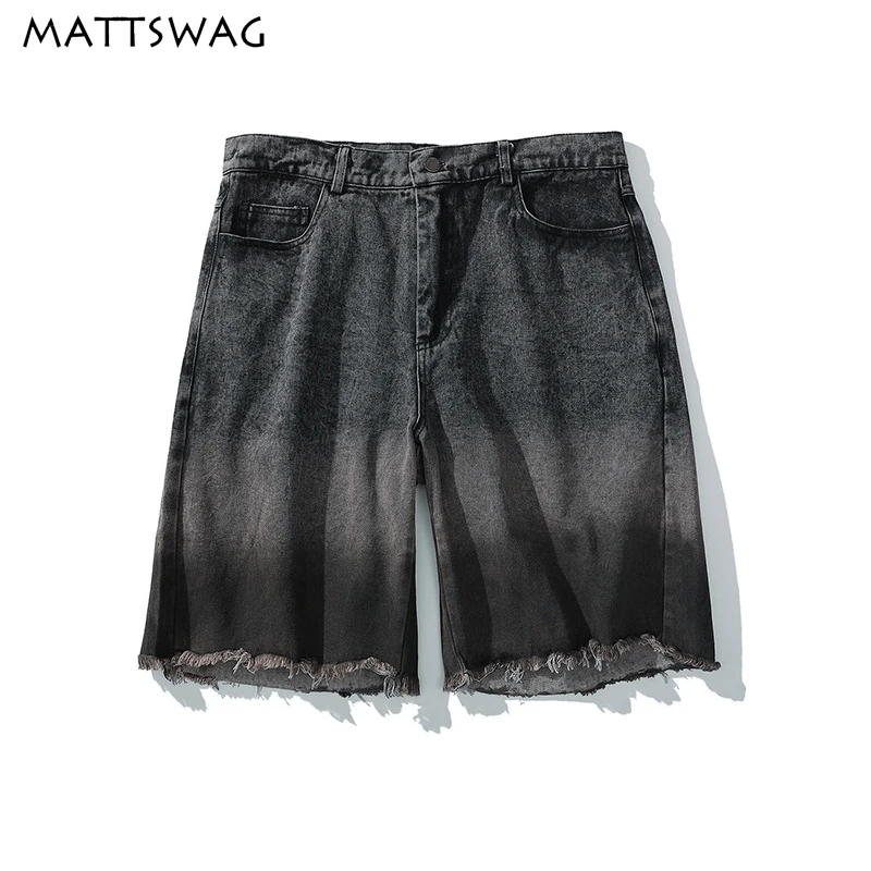 

MATTSWAG Summer Hip Hop Short Pant for Men Fashion Gradient Mens Black Denim Shorts Pants Loose Distressed Casual Jeans Homme