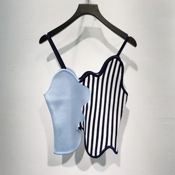 

Exclusive first spring and summer new color matching stripes stitching irregular knitwear short vest vest top