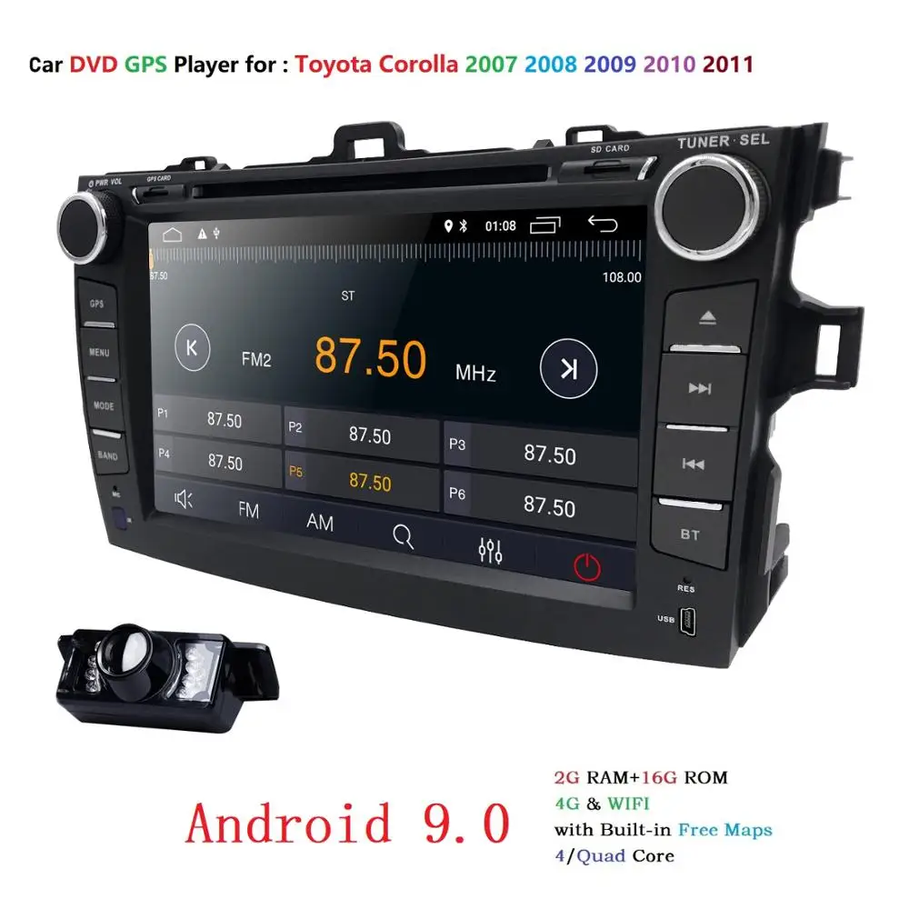 Top 8" 2Din Android 9.0 Car DVD GPS Player For Toyota Corolla 2007-2011 Bluetooth WIFI OBD2 Touch Screen 4-Core +Map+Free Camera 3