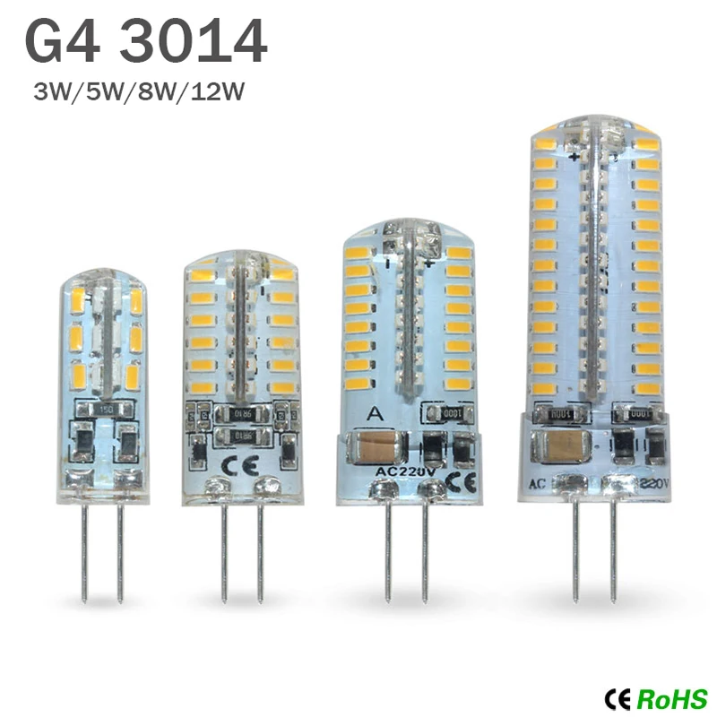 10 шт./лот светодиодная лампочка G4 12/220 В постоянного тока 3014 SMD 24/48/64/104 светодиодов