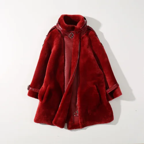 red Женское пальто из натурального меха, зимняя теплая куртка для стрижки овец, корейская мода, шерстяное пальто Abrigos Mujer Invierno YY639 - Цвет: red