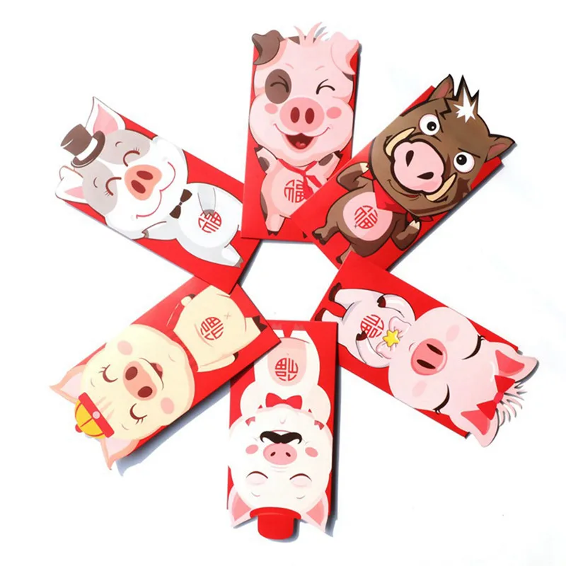 

6Pcs/pack 2019 Chinese Cartoon Pig Fortune Red Envelope Children New Year Red Pocket Multi Style For Student Kids Gift