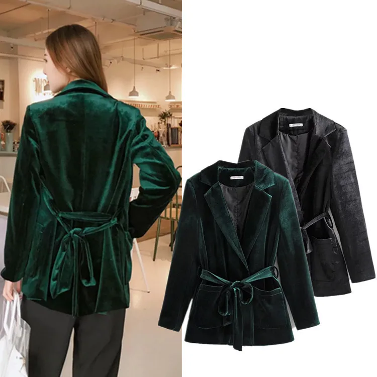 

2019 New Style Western Style Casual Lace-up Velvet Mid-length Suit Jacket Women's