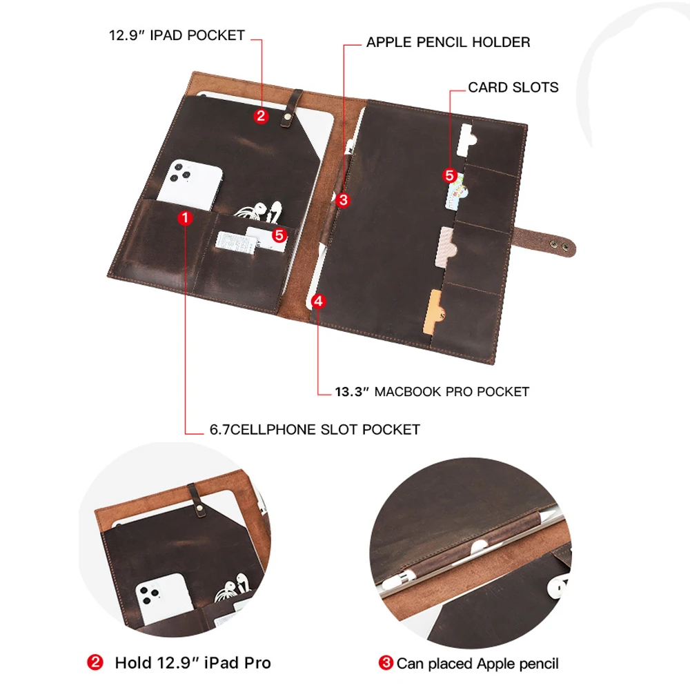 Capa do Portátil Manga para Macbook Pro ar 13.3 Polegada Ipad Pro 12.9 Case a4 Documento de Couro Capa para Portátil Case Telefone Grande Capacidade - Imagem 3