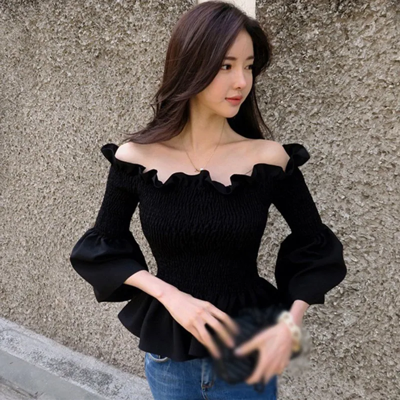 

Women Autumn Tops Korean Style Sexy Fashion Solid Color Square Shoulder Ruffles Design Flare Sleeve Top T-Shirt