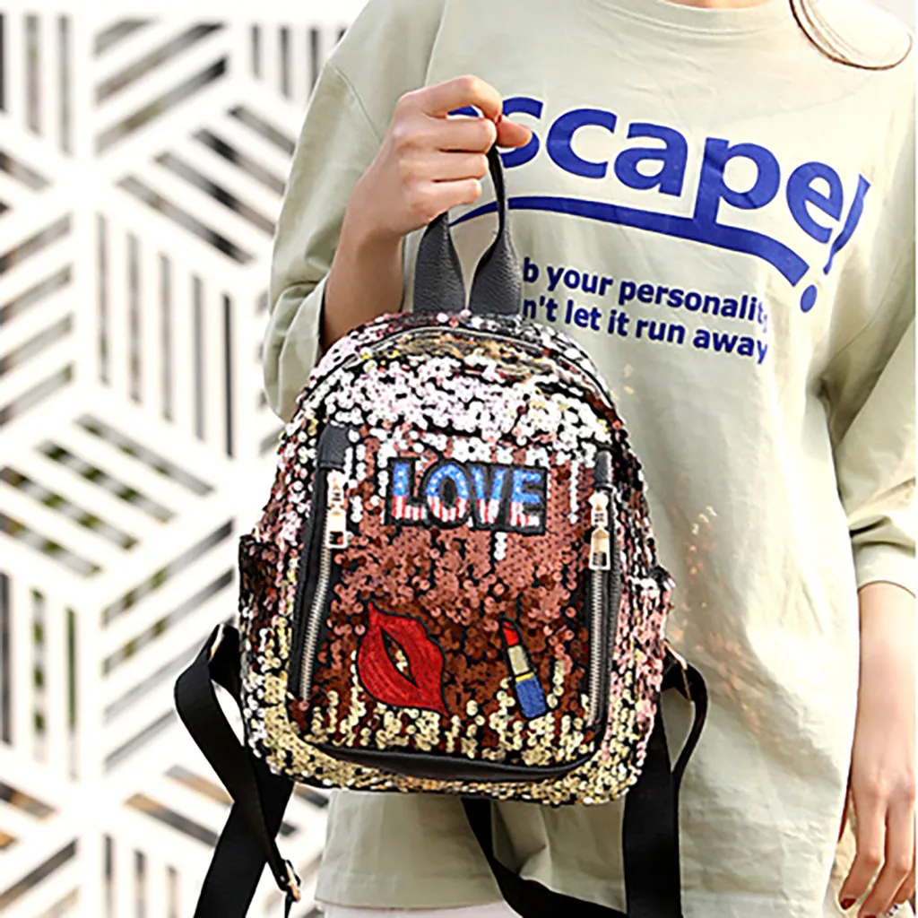 Women's Backpack zipper PU Sequins Backpack Fashion Girl Sequins School Bag Backpack Travel Shoulder Bag Wild Leisure Bag
