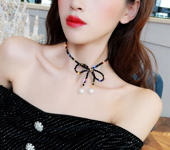 Черный Кристалл колье ожерелья для женщин Bijoux большой бант стразы жемчужные ожерелья с подвесками массивные ювелирные изделия подарок