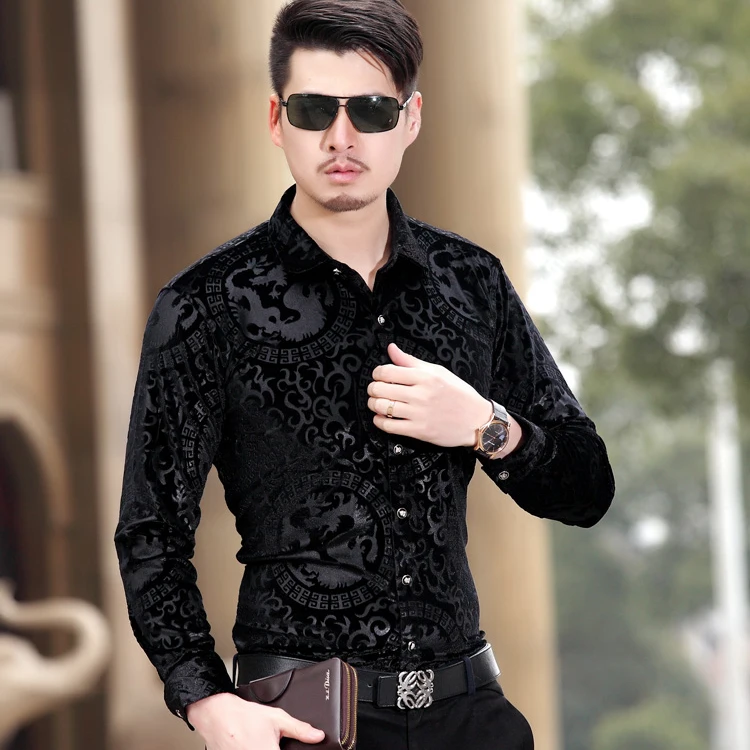 Хорошая Поп Мода бархат утолщение Slim Fit Мужские рубашки VogueLong рукав рубашки M-5XL
