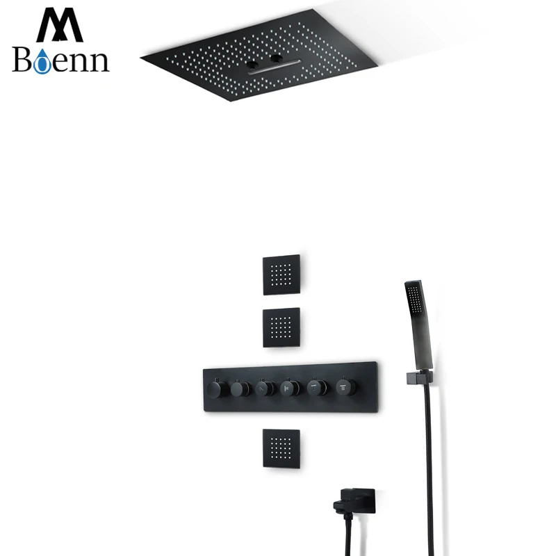 

Embedded Ceiling Mounted Thermostatic Shower Faucets Set 16 Inch Rainfall Shower Head LED Light Shower Set Black Shower