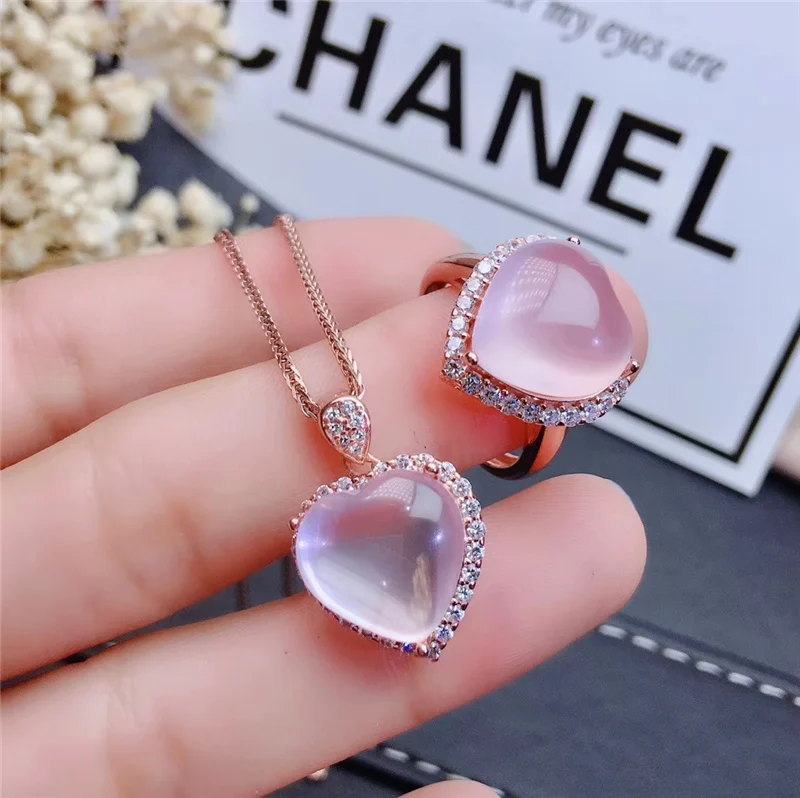 Romantic Heart Natural Pink Crystal Jewelry sets for Women Necklace Rings Real Rose Quartz gemstones vvs 925 Solid Silver#697