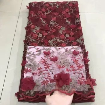 

New beautiful african 3d lace fabric african lace fabric 2019 high quality lace wine color with beads french lace fabric 5 yards