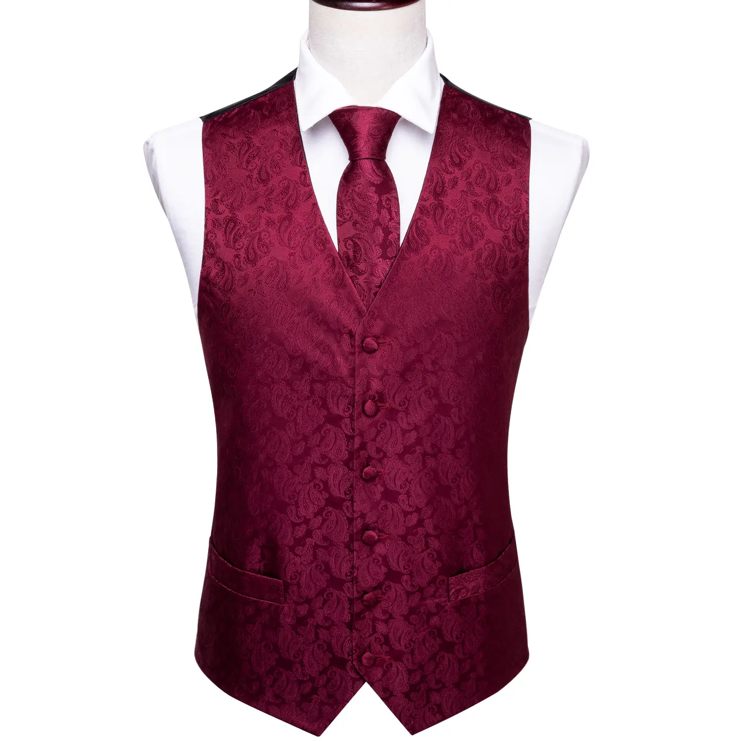 Красный жилет для мужчин тонкий костюм жилет с v-образным вырезом Шелковый Галстук Пейсли Набор платок запонки галстук для свадьбы Barry.Wang - Цвет: MJ-2008