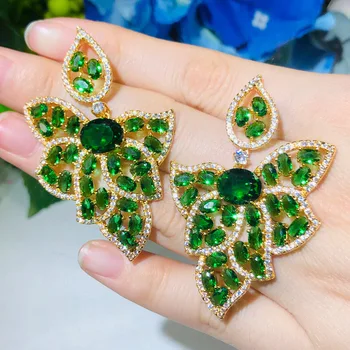

CWWZircons Leaf Shape 18K Gold Green Emerald Topaz CZ Crystal Big Drop Earrings for Women Party Engagement Jewelry Gifts CZ666
