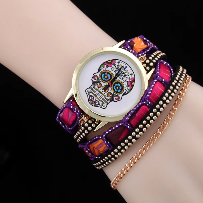 

Fashion National Style Bracelet Watch Skull Necklace Riveting Nail Chains Lady Bohemian Women Watches Gift for Women Reloj Mujer
