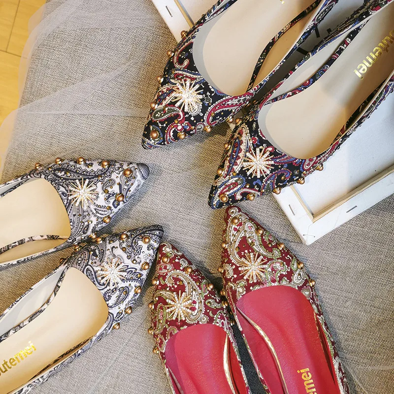 Retro Rhinestone Pearl Embellished Women Pumps Suede Leather Block Heel Vintage Formal Party Diamond Beaded Shoes