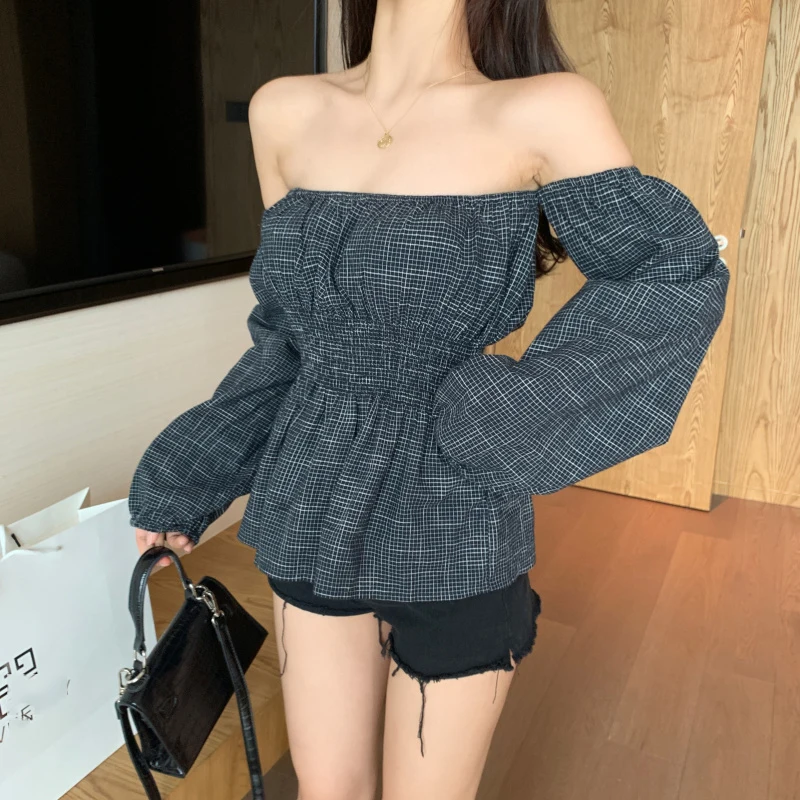 Moda feminina/женская одежда, футболки, сексуальный стиль, весна-осень, с открытыми плечами, на талии, женские топы, клетчатые, с вырезом, с пышными рукавами, Новинка