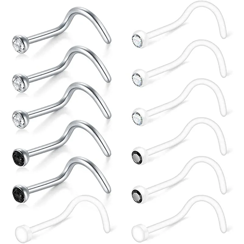 12pcs 20g Clear Nose Ring With Cz, Flexible Acrylic Nose Screw Stud