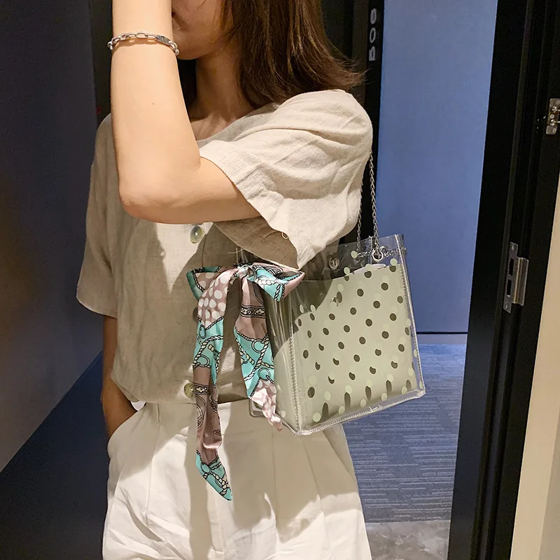 

2019 new wave silk scarf chain shoulder bag foreign style Joker transparent jelly Messenger bag