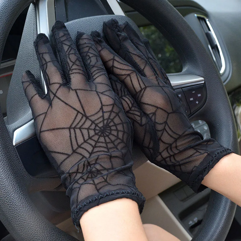 Модные сексуальные летние женские солнцезащитные короткие кружевные перчатки с полными пальцами, женские перчатки с рисунком паутины для вождения, черные перчатки C10