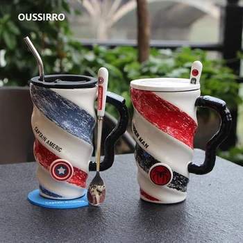 

580ML Super Hero Avenger Justice League Theme Milk / Coffee Mugs With Cover and Spoon Pure Color Mugs Cup Kitchen Tool Gift