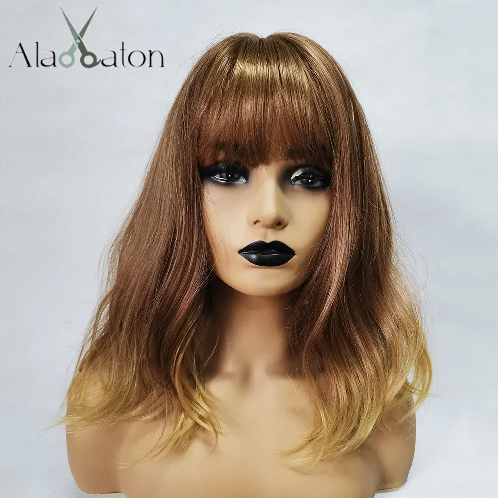 ALAN EATON Short Ombre Brown Blonde Wavy Highlight Synthetic Bobo Wigs with Bangs Wave Wigs Cosplay Halloween Hair for Women