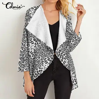 

2020 Autumn Celmia Long Sleeve Coats Women Fashion Lapel Leopard Print Jackets Casual Loose Cardigan Asymmetrical Tops Femme 5XL