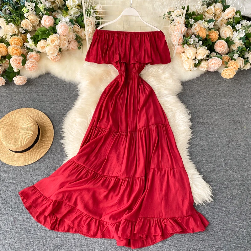 SINGRAIN Women Summer Off Shoulder Maxi Dress Solid Ruffles Dress Elegant Romantic A-Line Dress Korean Sexy Slash Neck Long Robe