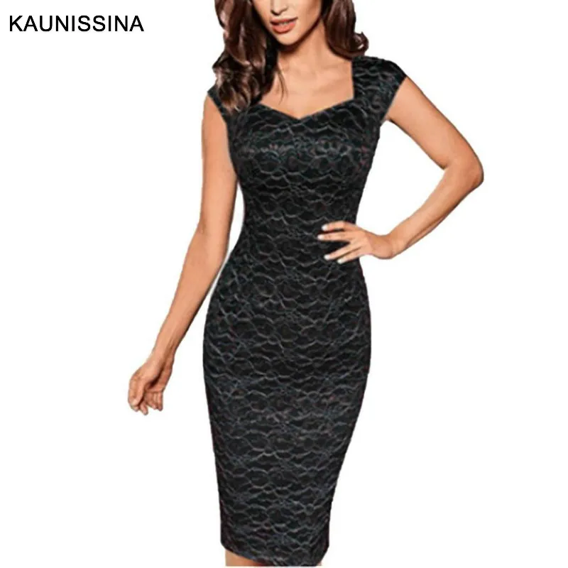 Goede KAUNISSINA Vrouwen Elegant Lace Cocktail Jurk Mouwloze Slanke Sexy V hals Bodycon Club Potlood Gown Ladies Party Jurken