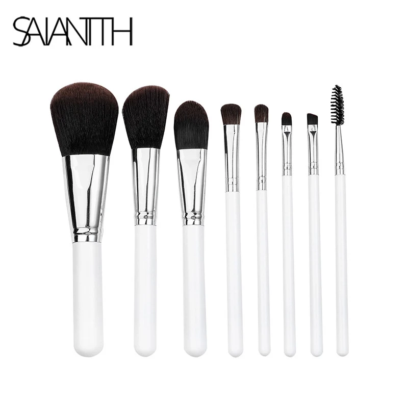

Saiantth 8pcs black white pearls makeup brushes set wooden handle make up tools silver tube foundation powder blush eyelashes