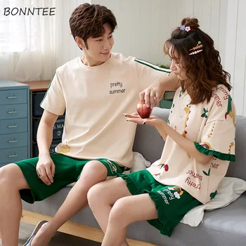 

Pajama Sets 2020 New Cotton Chic Summer Cool Couple Pajamas Short Sleeve Ulzzang Soft Loose Thin Female Sleepwear Various Colors