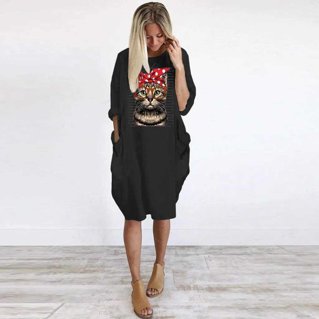 Cat Long Dress Women Plus Size 3XL O-Neck платье Summer Fashion HOT Long Sleeve Printed Short Mini Autumn A-Line Dress Wholesale