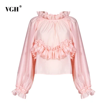 

VGH Autumn Back Bandage Bow Blouse Top Female Lantern Sleeve Ruffles Patchwork Loose Korean Shirt Women 2020 Fashion New Clothes