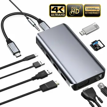 

10 in 1 USB C Hub Multiports Adapter Docking Station HDMI VGA Ethernet RJ45 LAN Fit for Windows 10/8/7/Vista/XP/Mac OS X 10.6