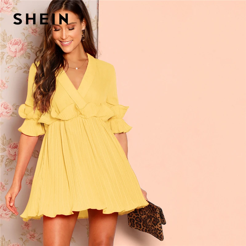 SHEIN Платье На Запах С Глубоким Вырезом И Оборками 2019 Сексуальное Рюшами Средним