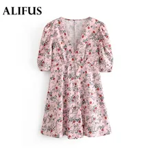 Модное женское платье Za, милое, цветочный узор, мини, v-образный вырез, рукав три четверти, плиссированное, Женская офисная одежда, розовые платья vestidos