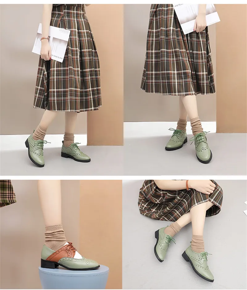 Spring 2020 New Genuine Leather Lace-Up College Women's Brogues Shoes Vintage Carved Single Oxford Shoes For Woman Plus Size 43 (22)