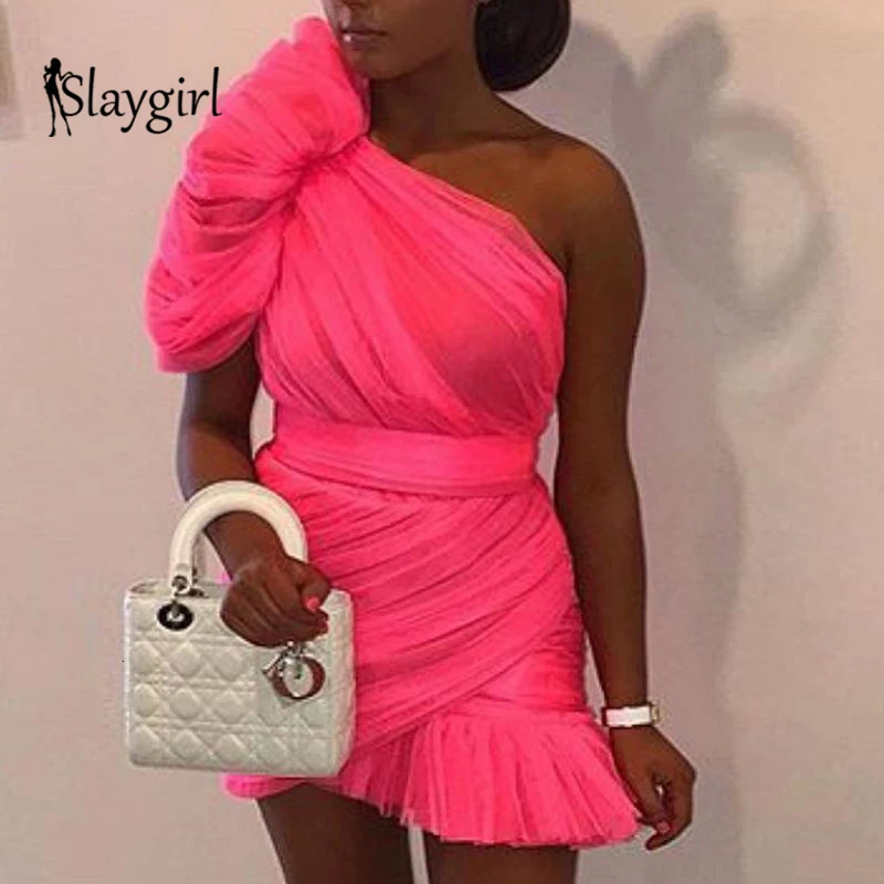 Slaygirl, весенне-летнее Сетчатое сексуальное платье, женские вечерние платья на одно плечо с рюшами, элегантное облегающее платье для ночного клуба, праздничное платье