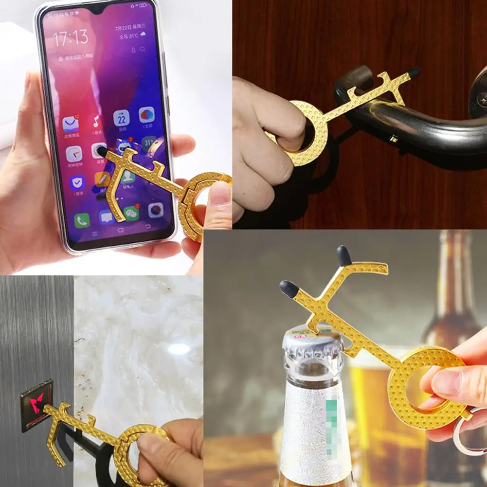 

Portable Non Contact Door Opener Pusher Keychain Bottle Opening Phone Holder Made from high quality zinc alloy material hot sale